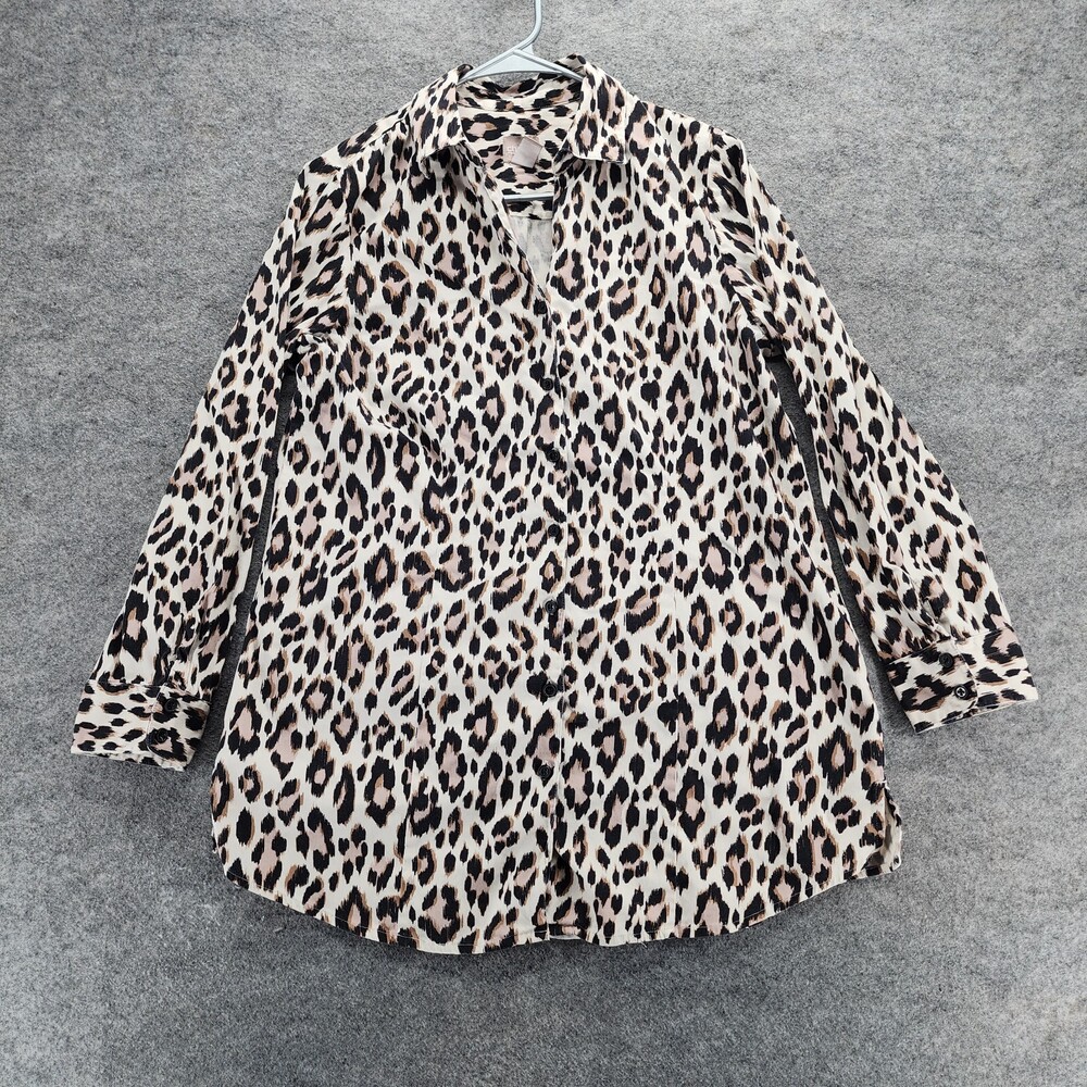 Chicos Shirt Womens 1 US Medium Long Sleeve Brown Cheetah Print Button Up